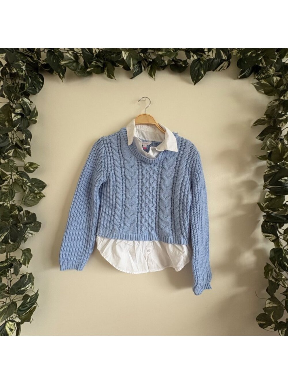 No Boundaries Cable Knit Button Layered Sweater Blue White Women’s Size S